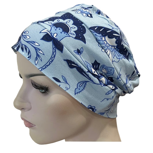 Chemo Cloche Caps - Soft, Stretchy, Rayon/Spandex Print - Blue Lotus