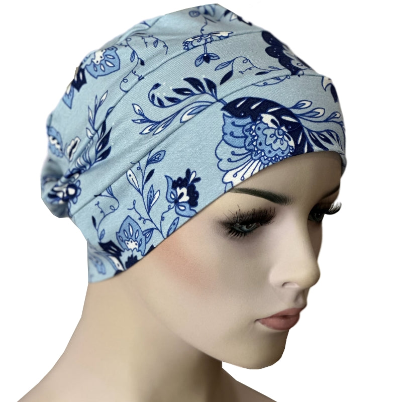 Chemo Cloche Caps - Soft, Stretchy, Rayon/Spandex Print - Blue Lotus