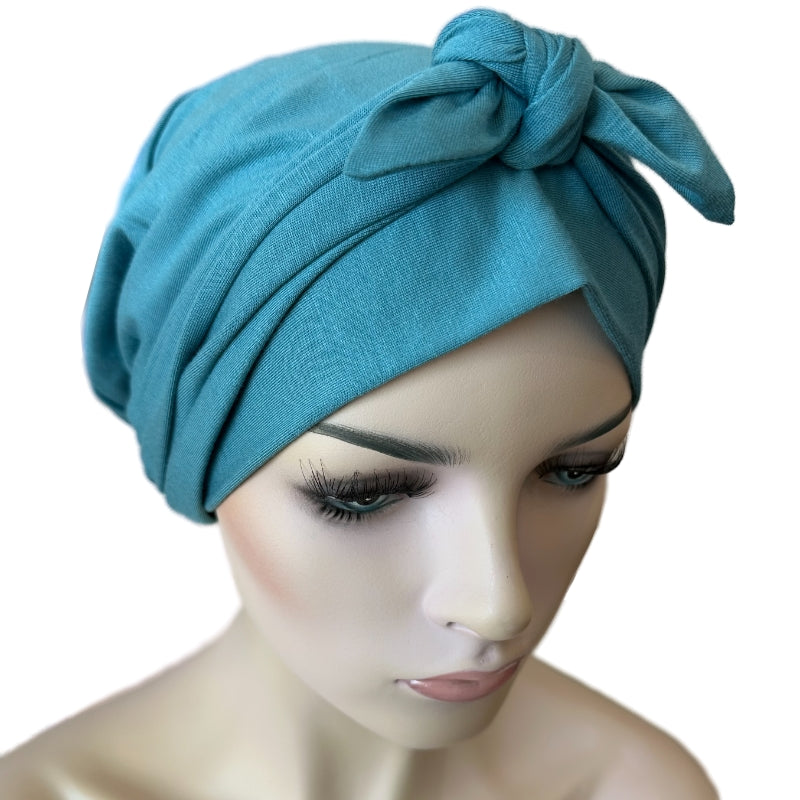 Bo-Ho Style Chemo Cap With Attached Short Ties in Bamboo - Duck Egg Blue