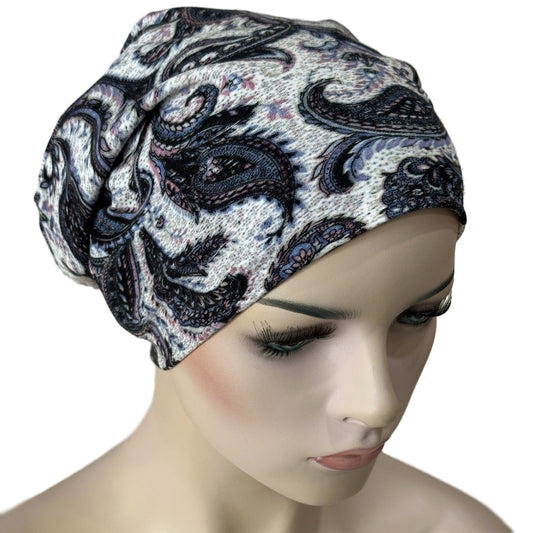 Chemo Beanies - Comfort Stretch - Blue Paisley on White