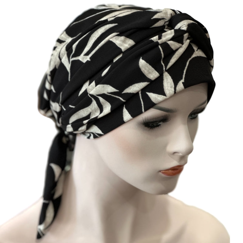 BO-HO STYLE - Chemo Cap with Attached Long Ties - Prints - Black with White Fronds