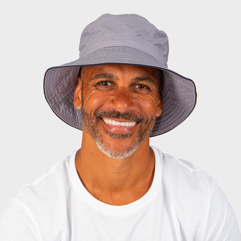 CANCER COUNCIL SUN-SAFE HATS - 32084 RG84 MENS HATS - GREY/NAVY JESTER BUCKET HAT - L/XL 61CM