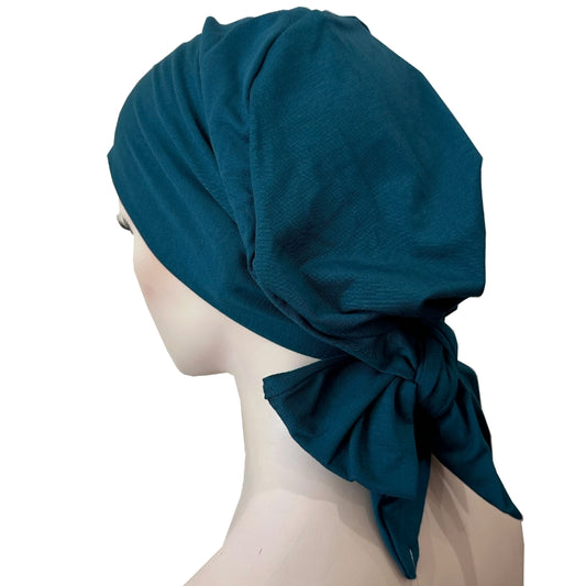 Chemo Cap With Attached Short Ties in Bamboo - Dark Teal