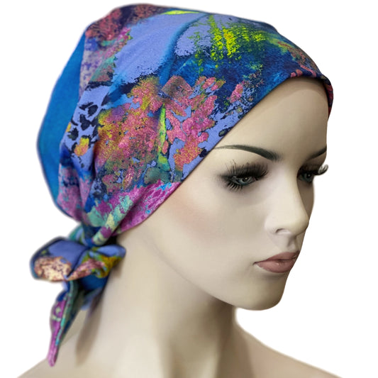Bo-Ho Style Chemo Cap with Attached Short Ties in Printed COTTON Fabric - Pink Blossoms