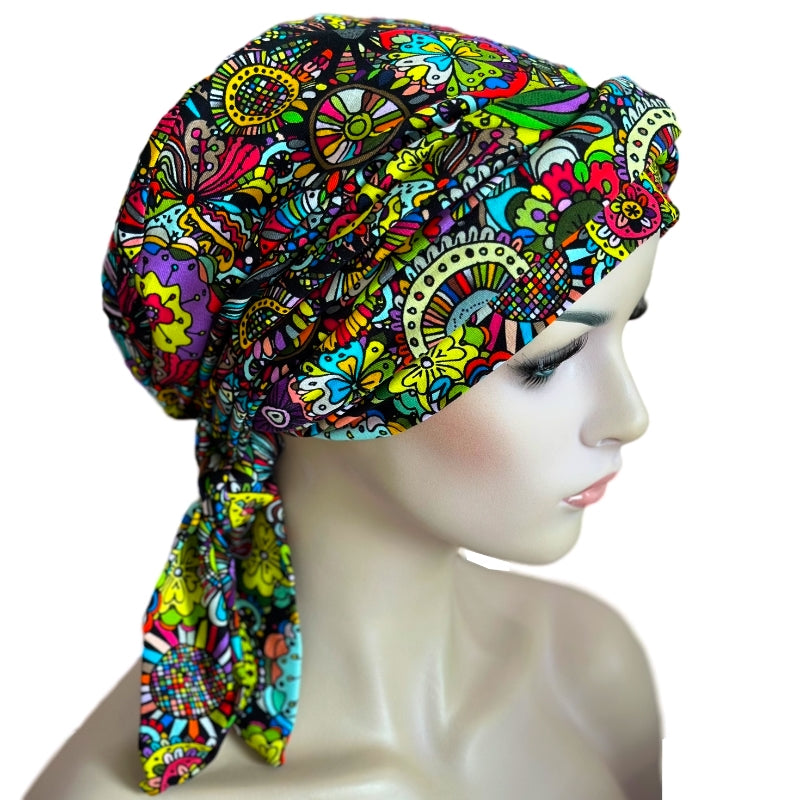 BOHO STYLE CHEMO CAP WITH ATTACHED LONG TIES.