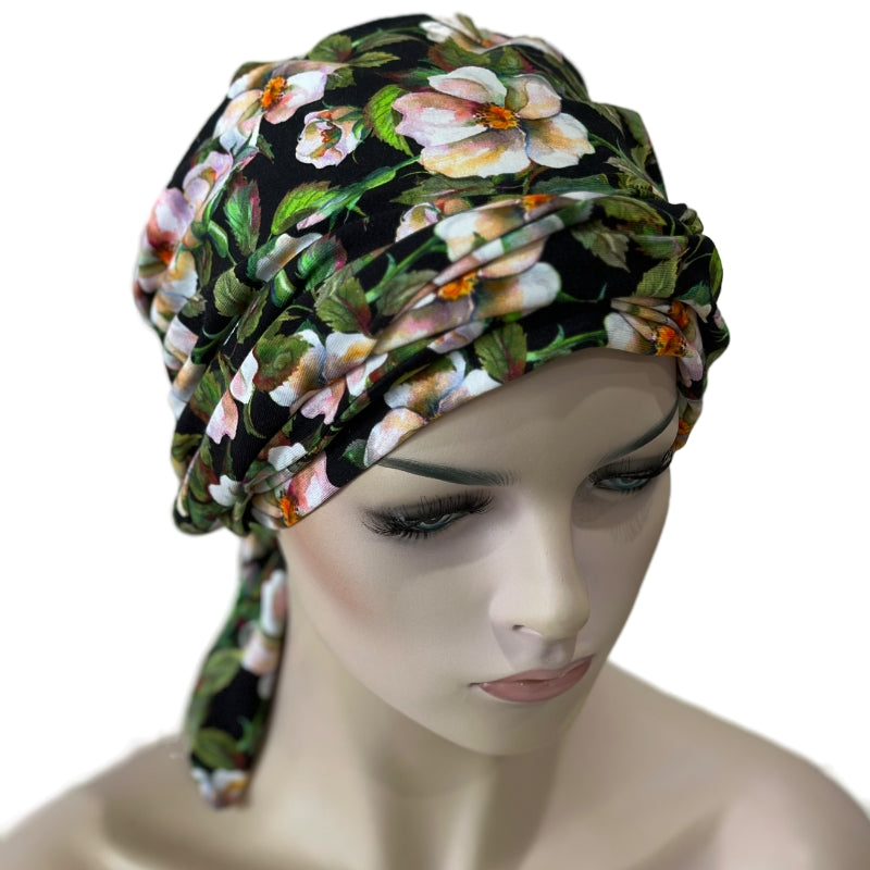 Chemo cap with attached long ties.