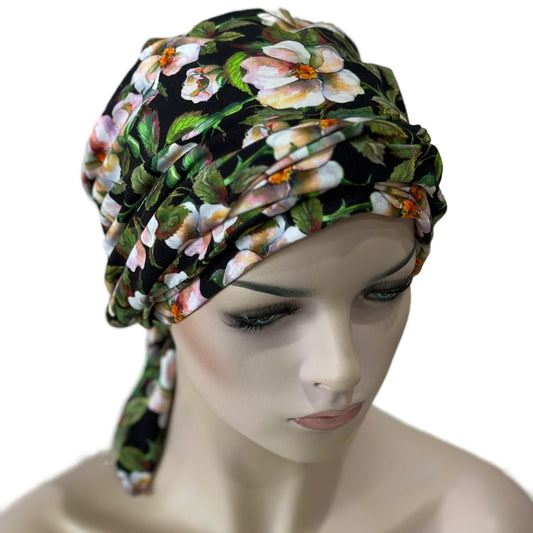 Chemo cap with attached long ties.