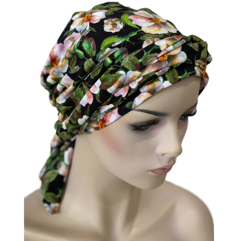 Chemo cap with attached long ties.