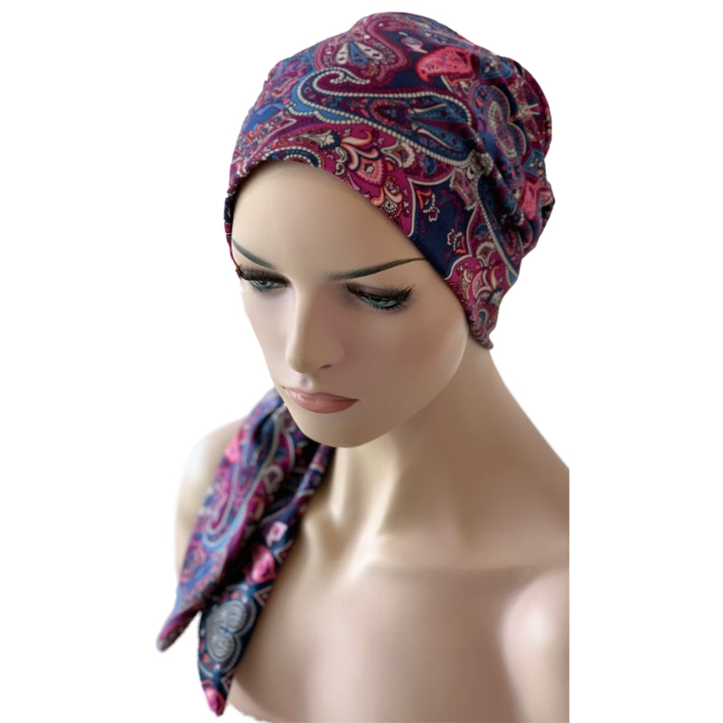 Chemo Cap with SHORT Ties and Matching Scrunchie - Pink Paisley