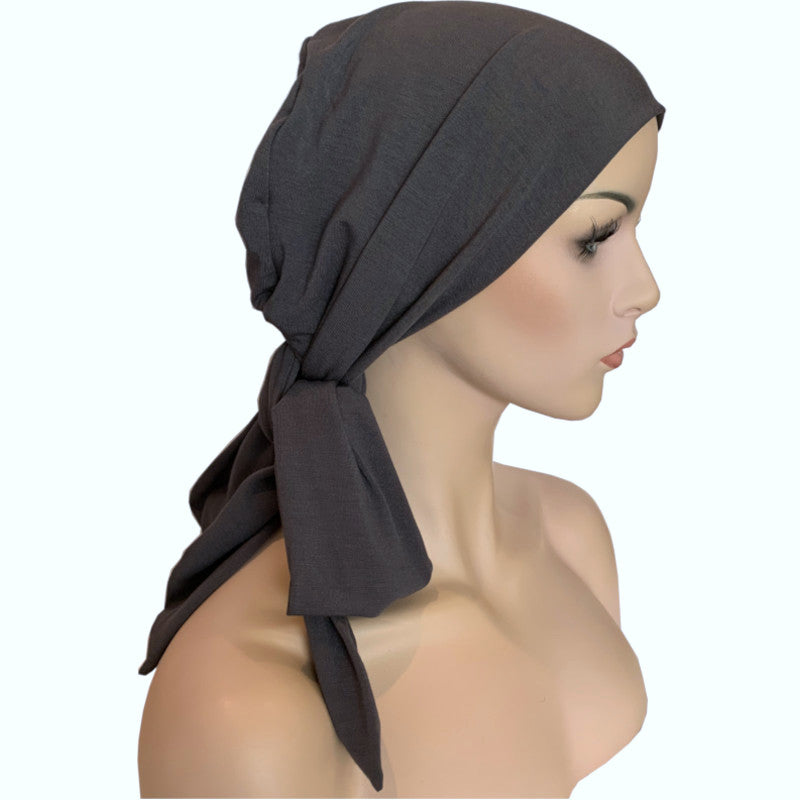 Bamboo Chemo Cap with Ties Charcoal Grey at Hat Show