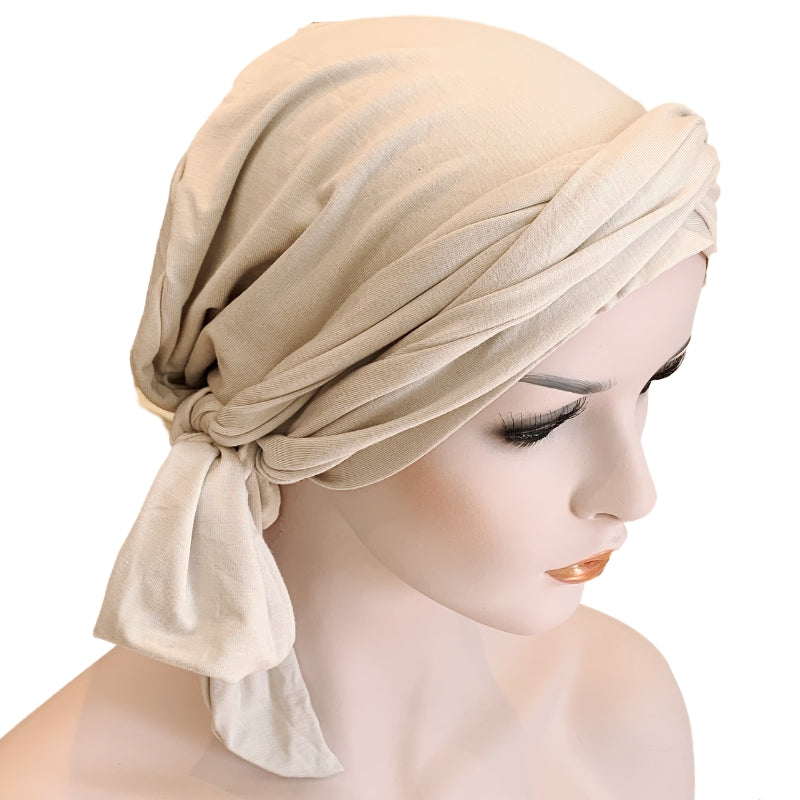 Chemo Cap with Attached Long Ties, in Bamboo Fabric.