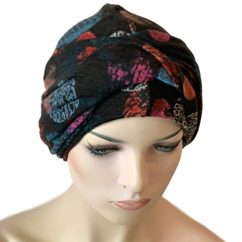Chemo Headwrap Turban - Black with Coloured Balls Knit