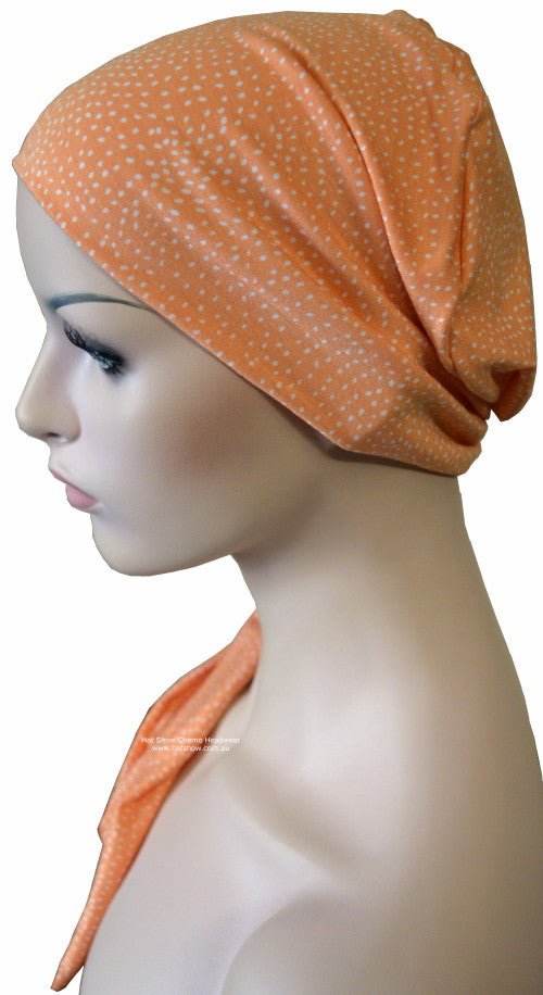 BO-HO STYLE - Chemo Cap with Attached Long Ties - Prints - Orange with Tiny White Dots