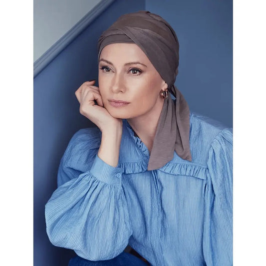 Christine - 104521 - 1291-0318 B.B. BEATRICE TURBAN WITH RIBBONS - DUSTY BROWN