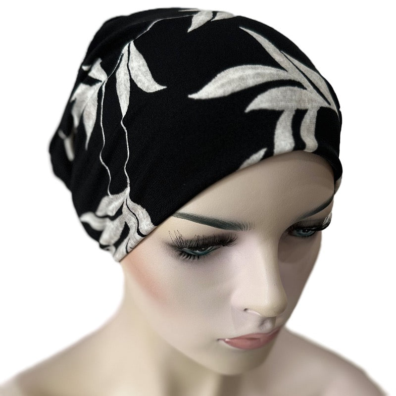 Chemo Beanies - Comfort Stretch - Black with White Fronds