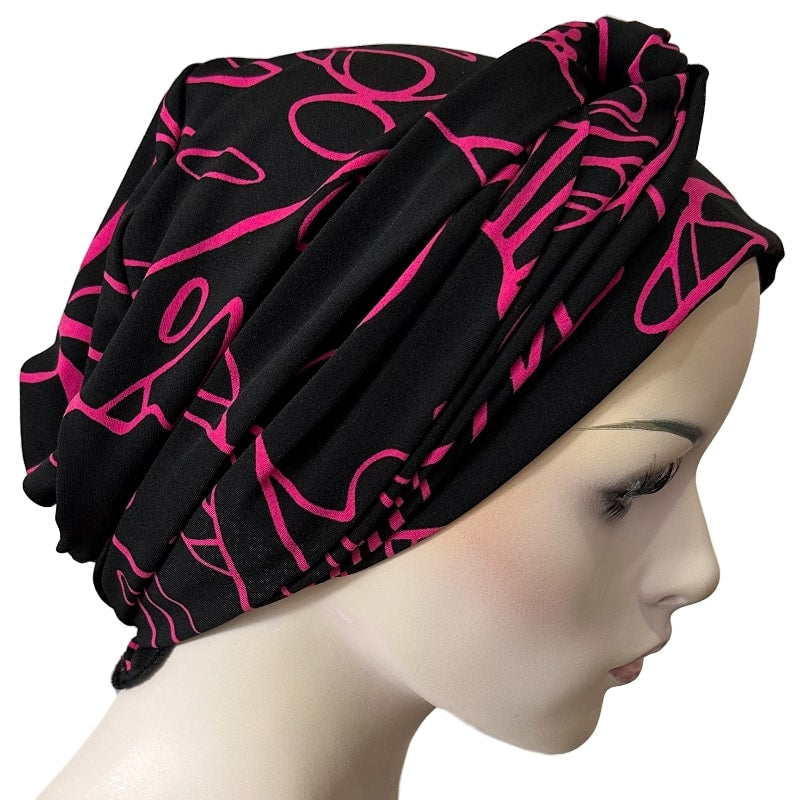 BO-HO STYLE - Chemo Cap with Attached Long Ties - Prints - Cerise Outlines on Black