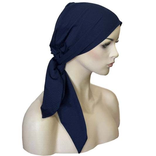 Bamboo Chemo Cap - Attached Short Ties - Navy