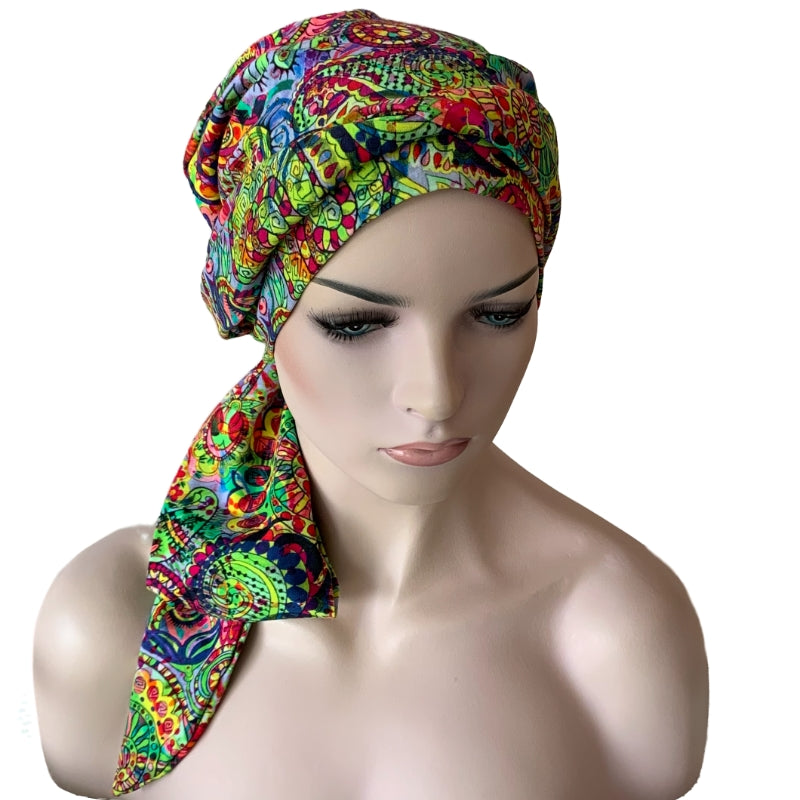 B0-HO STYLE  - Chemo Cap with Attached Long Ties - Prints - CANDY DREAMS