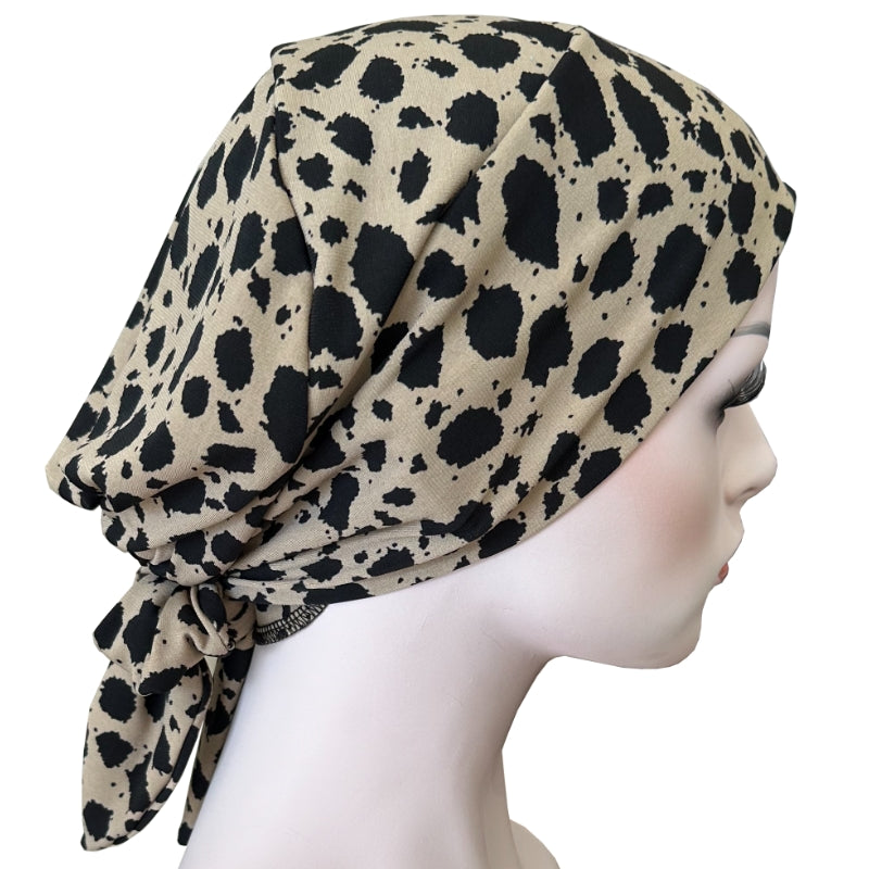 Chemo Cap with Attached Short Ties in Printed Fabric - Taupe Cat