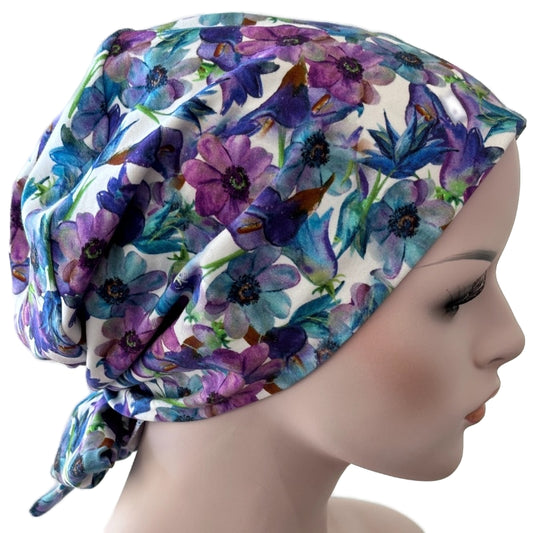 Chemo Cap with Attached Short Ties in Printed Fabric at Hat Show