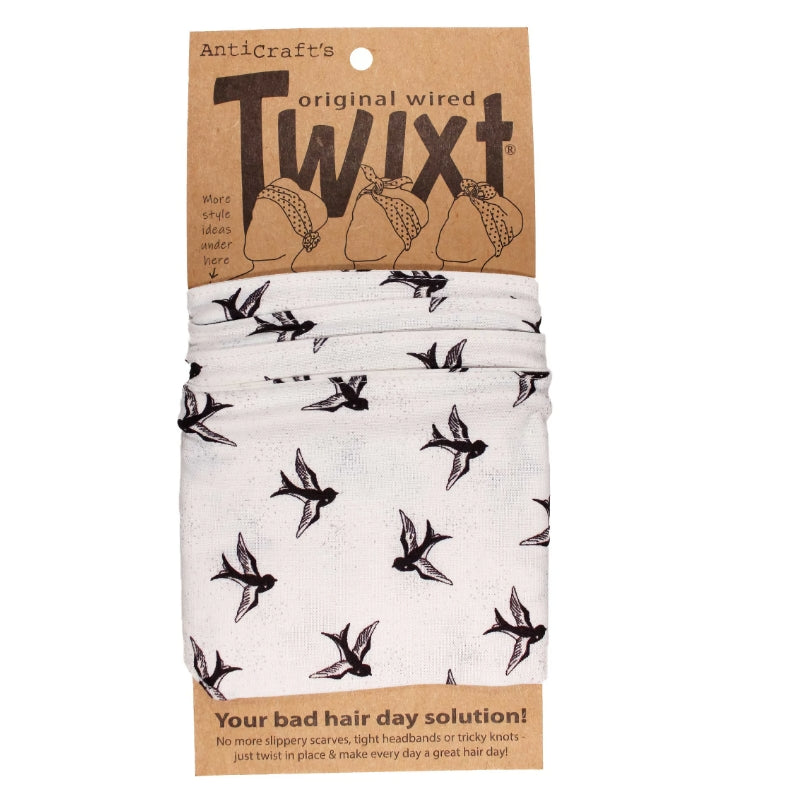 TWIXT Wired Head Wrap - Black Birds on White