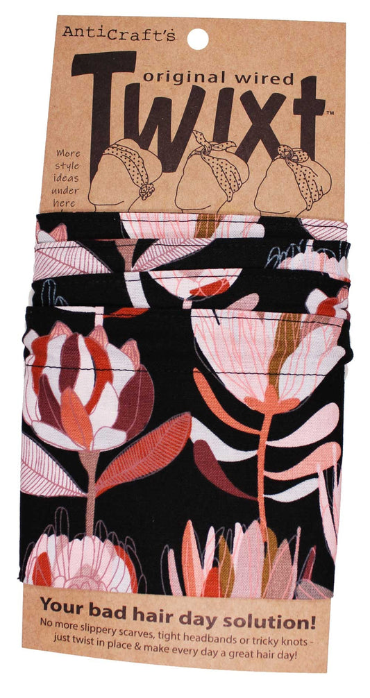 TWIXT Wired Head Wrap - PROTEA FLOWERS ON BLACK