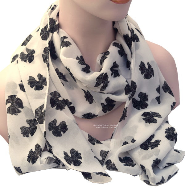 Headscarves - Silky Soft - 159cm x 57cms - White Printed with Black Bows 