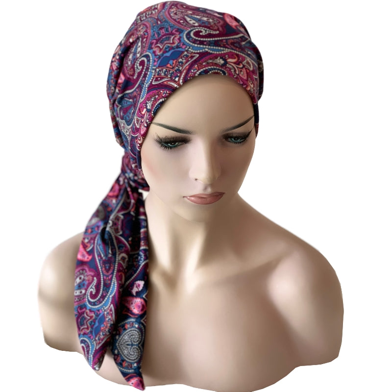 Chemo Cap with SHORT Ties and Matching Scrunchie - Pink Paisley