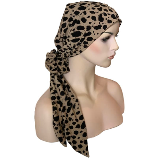 Chemo Cap with SHORT Ties and Matching Scrunchie - Taupe Cat
