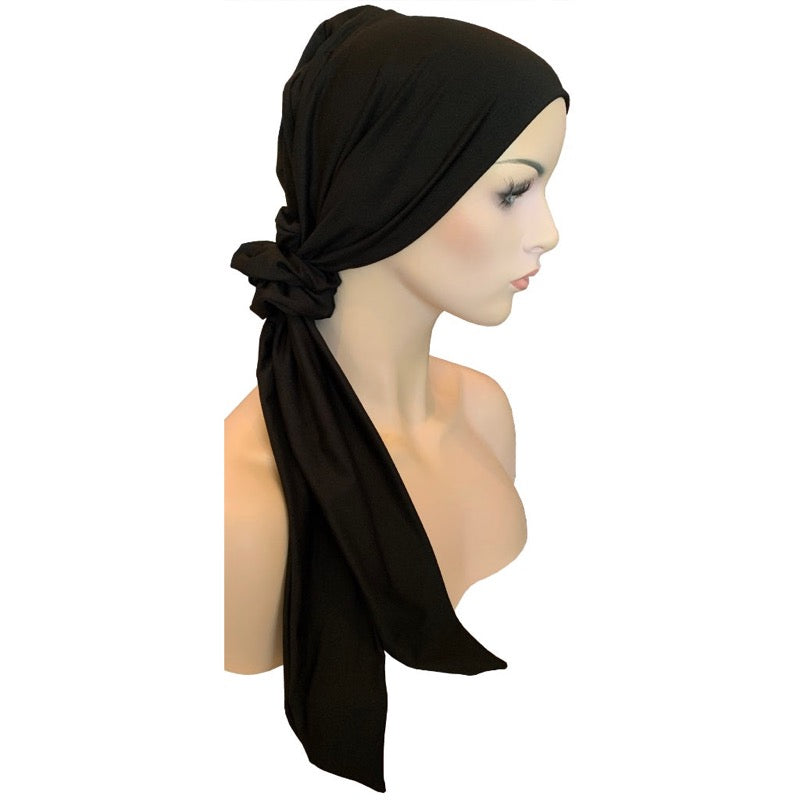 Bamboo Chemo Cap with SHORT Ties and Matching Scrunchie - BLACK