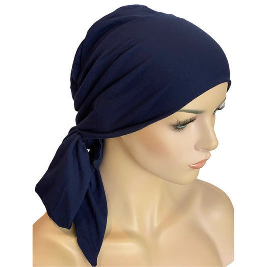 Chemo Cap with Ties Navy Bamboo