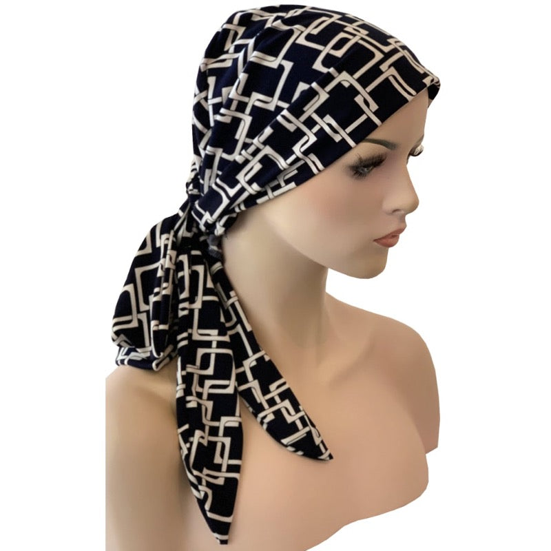 Chemo Cap with Ties - Navy with White Squares
