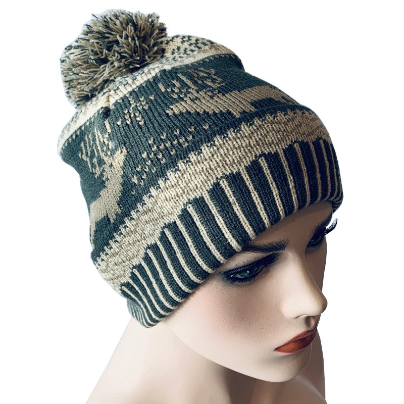 Fashion Beanies - Pom Pom Hat with Reindeer Pattern - Olive