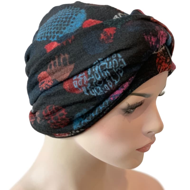 Chemo Headwrap Turban - Black with Coloured Balls Knit