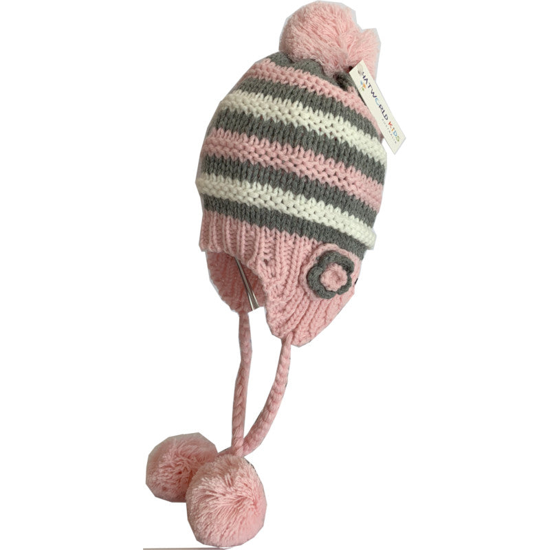 Girls Knitted Acrylic Hat with Pom Poms - Pink